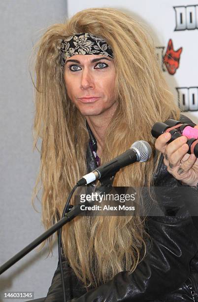 Travis Haley Aka Lexxi Foxxx Steel Panther performs Back stage during Download Festival at Donington Park on June 9, 2012 in Castle Donington, United...
