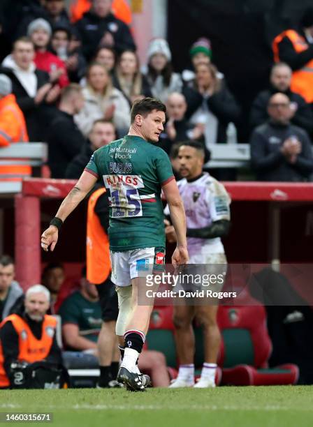 Freddie Burns of Leicester Tigers walks off the pitch after making his final appearance for Leicester Tigers during the Gallagher Premiership Rugby...