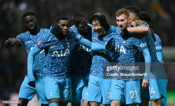 Son Heung-Min of Tottenham Hotspur celebrates with teammates after scoring the team's first goal during the Emirates FA Cup Fourth Round match...