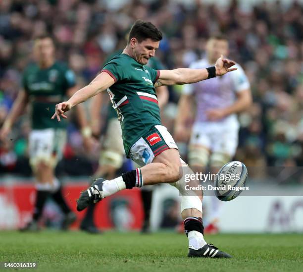 Freddie Burns of Leicester Tigers kicks the ball upfield during the Gallagher Premiership Rugby match between Leicester Tigers and Northampton Saints...