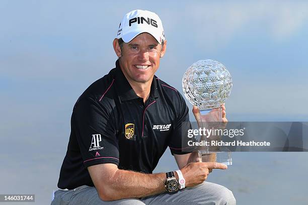 Lee Westwood of England poses with the trophy after victory in the final round of the Nordea Scandinavian Masters at Bro Hof Slott Golf Club on June...