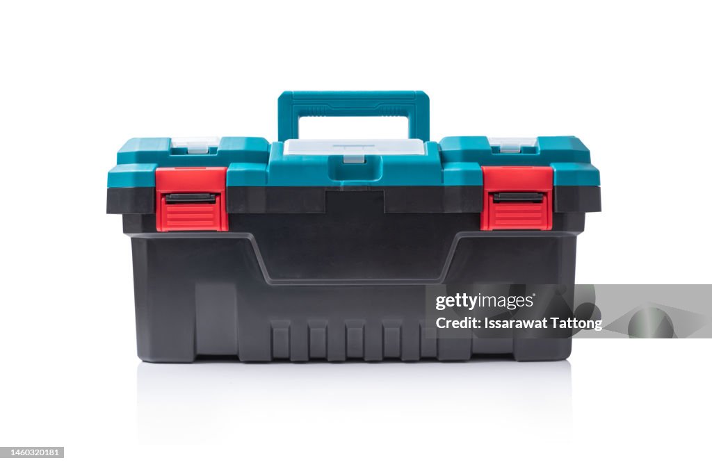 Green tool box, Plastic tool box on white background.
