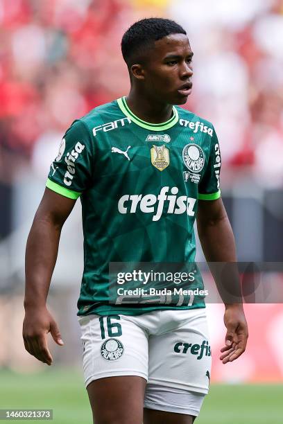 Endrick of Palmeiras reacts during a final match between Palmeiras and Flamengo as part of Supercopa do Brasil 2023 at Mane Garrincha Stadium on...