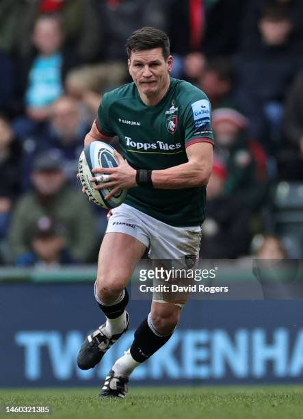Freddie Burns of Leicester Tigers runs with the ball during the Gallagher Premiership Rugby match between Leicester Tigers and Northampton Saints at...