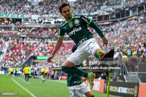 Raphael Veiga of Palmeiras celebrates after scoring the first goal of his team during a final match between Palmeiras and Flamengo as part of...