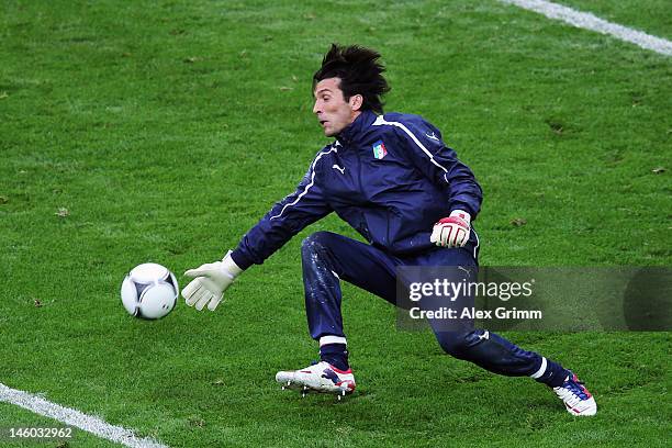 Goalkeeper Gianluigi Buffon of Italy makes a save during a UEFA EURO 2012 training session ahead of their Group C match against Spain at the...