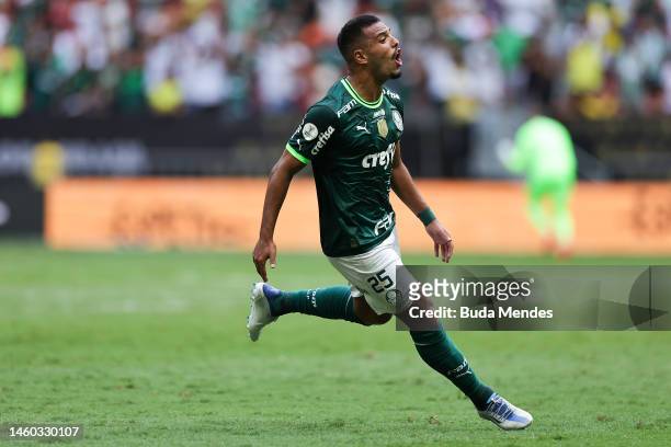 Gabriel Menino of Palmeiras celebrates after scoring the second goal of his team during a final match between Palmeiras and Flamengo as part of...
