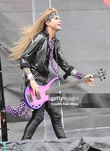 Travis Haley Aka Lexxi Foxxx Steel Panther perform on stage during Download Festival at Donington Park on June 9, 2012 in Castle Donington, United...