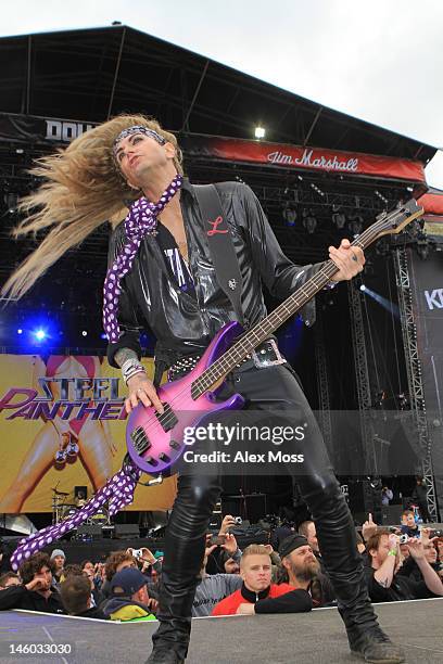 Travis Haley Aka Lexxi Foxxx Steel Panther perform on stage during Download Festival at Donington Park on June 9, 2012 in Castle Donington, United...