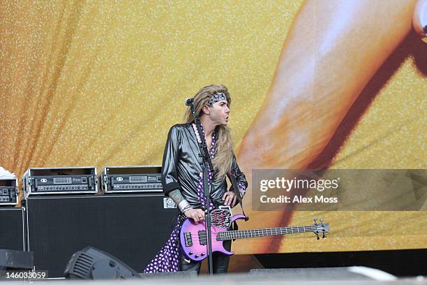 Travis Haley Aka Lexxi Foxxx Steel Panther perform on stage during Download Festival at Donington Park on June 9, 2012 in Castle Donington, United...