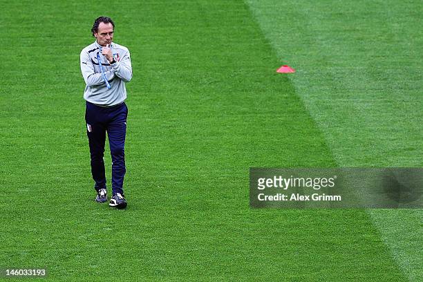Head coach Cesare Prandelli of Italy looks on during a UEFA EURO 2012 training session ahead of their Group C match against Spain at the Municipal...