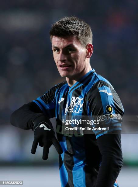 Joakim Maehle of Atalanta BC celebrates scores the team's first goal during the Serie A match between Atalanta BC and UC Sampdoria at Gewiss Stadium...