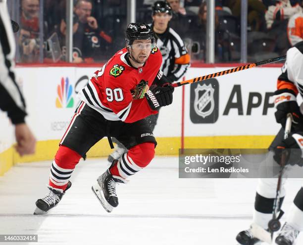 Tyler Johnson of the Chicago Blackhawks skates against the Philadelphia Flyers at the Wells Fargo Center on January 19, 2023 in Philadelphia,...