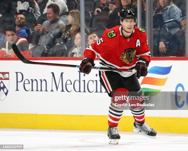 Connor Murphy of the Chicago Blackhawks skates against the Philadelphia Flyers at the Wells Fargo Center on January 19, 2023 in Philadelphia,...