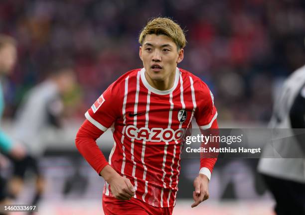 Ritsu Doan of SC Freiburg in action during the Bundesliga match between Sport-Club Freiburg and FC Augsburg at Europa-Park Stadion on January 28,...