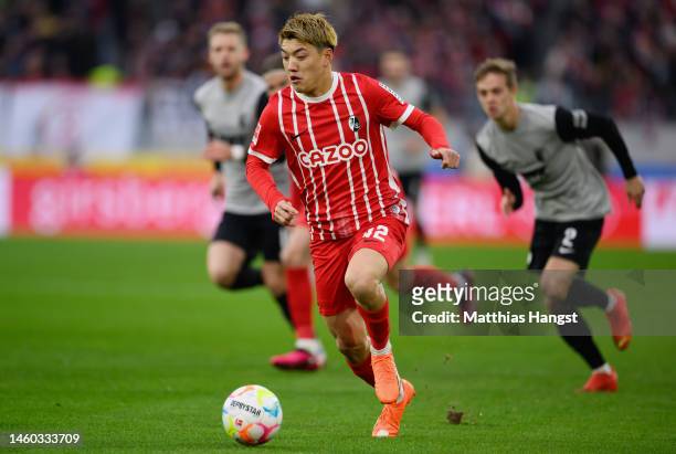 Ritsu Doan of SC Freiburg in action during the Bundesliga match between Sport-Club Freiburg and FC Augsburg at Europa-Park Stadion on January 28,...
