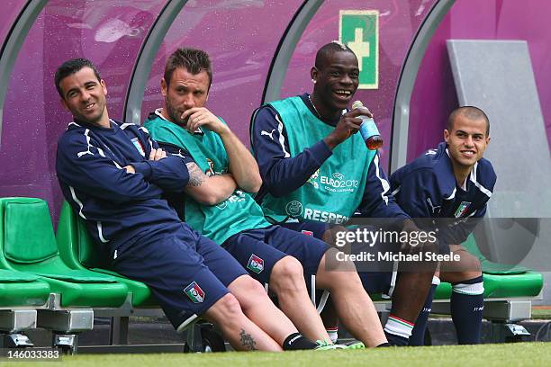 Antonio Di Natale , Antonio Cassano Mario Balotelli and Sebastian Giovinco of Italy during a UEFA EURO 2012 training session at the Municipal Stadium...