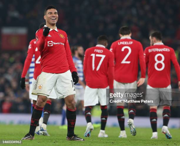 Casemiro of Manchester United celebrates scoring their second goal during the Emirates FA Cup Fourth Round match between Manchester United and...