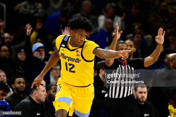 Olivier-Maxence Prosper of the Marquette Golden Eagles reacts after scoring in the second half against the DePaul Blue Demons at Wintrust Arena on...