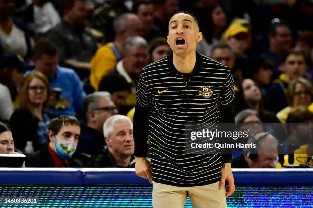 Head coach Shaka Smart of the Marquette Golden Eagles reacts during the second half of the game against the DePaul Blue Demons at Wintrust Arena on...