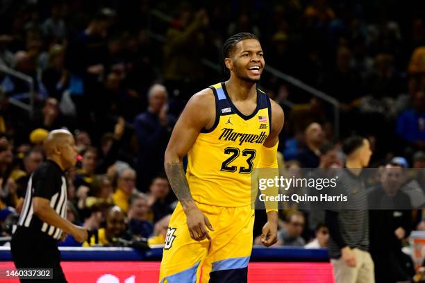 David Joplin of the Marquette Golden Eagles reacts after his 3-point basket in the second half against the DePaul Blue Demons at Wintrust Arena on...