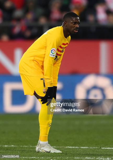 Ousmane Dembele of FC Barcelona reacts injured during the LaLiga Santander match between Girona FC and FC Barcelona at Montilivi Stadium on January...