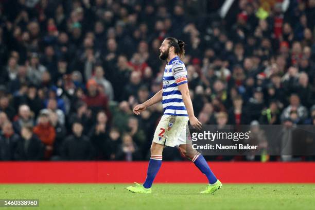 Andy Carroll of Reading leaves the pitch after being shown a red card during the Emirates FA Cup Fourth Round match between Manchester United and...