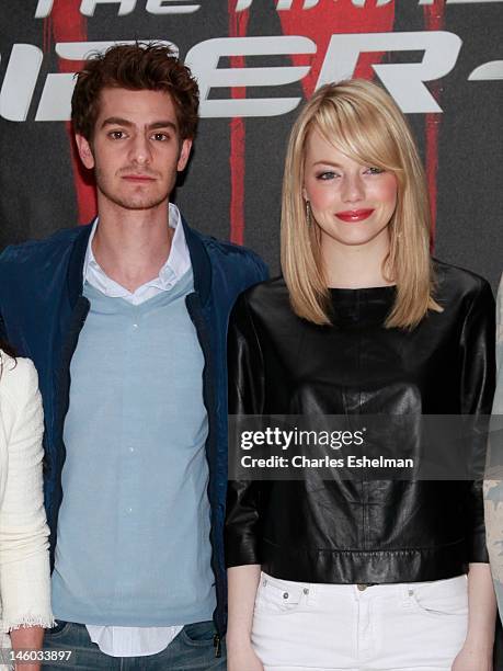 Actors Andrew Garfield and Emma Stone attend the "The Amazing Spider-Man" New York City Photo Call at Crosby Street Hotel on June 9, 2012 in New York...