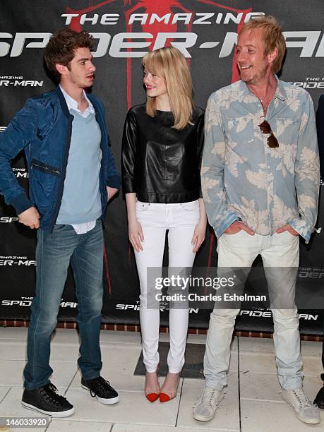 Actors Andrew Garfield, Emma Stone and Rhys Ifans attend the "The Amazing Spider-Man" New York City Photo Call at Crosby Street Hotel on June 9, 2012...