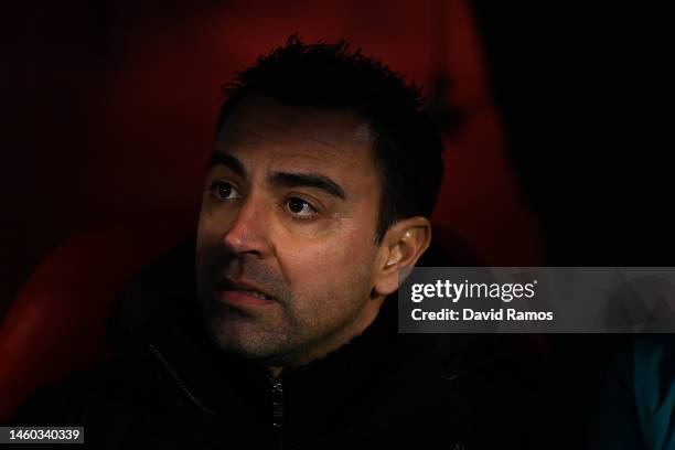 Head Coach Xavi Hernandez of FC Barcelona looks on during the LaLiga Santander match between Girona FC and FC Barcelona at Montilivi Stadium on...