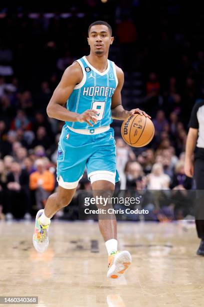Theo Maledon of the Charlotte Hornets during the game against the Phoenix Suns at Footprint Center on January 24, 2023 in Phoenix, Arizona. The Suns...