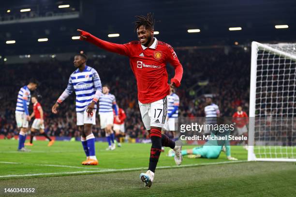 Fred of Manchester United celebrates after scoring the team's third goal during the Emirates FA Cup Fourth Round match between Manchester United and...