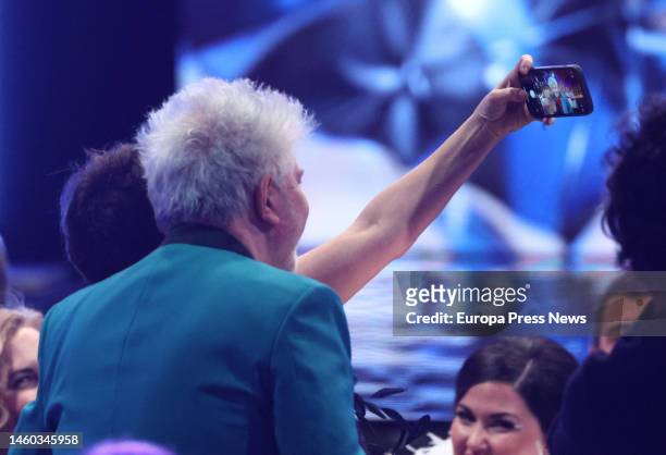 Actress Silvia Abril and film director Pedro Almodovar take a selfie during the gala of the 10th edition of the Feroz Awards at the Auditorio de...