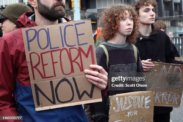 Demonstrators march through downtown protesting the death of Tyre Nichols on January 28, 2023 in Memphis, Tennessee. Tyre Nichols died on January...