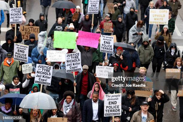 Demonstrators protest the death of Tyre Nichols on January 28, 2023 in Memphis, Tennessee. The release of a video depicting the fatal beating of...