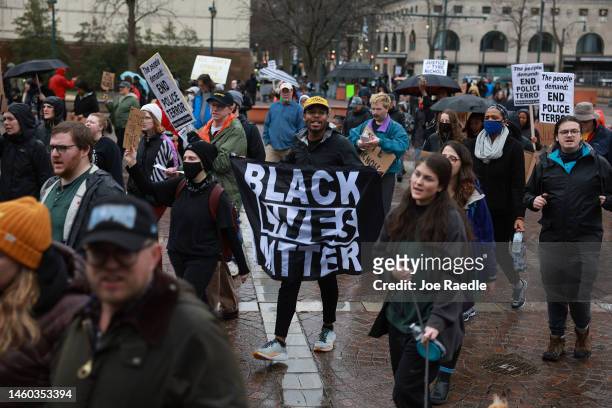 Demonstrators protest the death of Tyre Nichols on January 28, 2023 in Memphis, Tennessee. The release of a video depicting the fatal beating of...