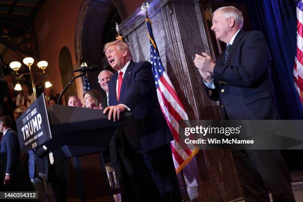 Former U.S. President Donald Trump delivers remarks at the South Carolina State House on January 28, 2023 in Columbia, South Carolina. Trump's visit...