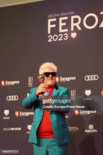 Film director Pedro Almodovar poses at the photocall after receiving the Feroz Audi Honor Award 2023 during the gala of the 10th edition of the Feroz...