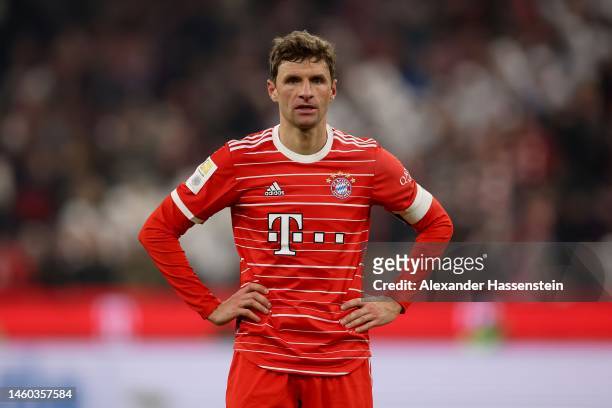 Thomas Müller of München looks on after the Bundesliga match between FC Bayern München and Eintracht Frankfurt at Allianz Arena on January 28, 2023...