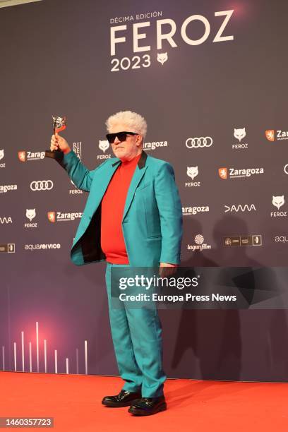 Film director Pedro Almodovar poses at the photocall after receiving the Feroz Audi Honor Award 2023 during the gala of the 10th edition of the Feroz...