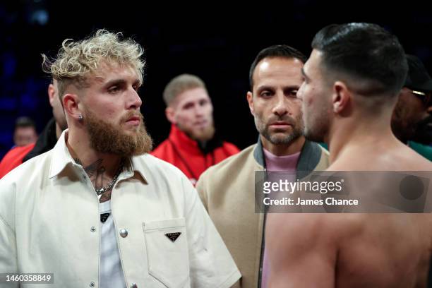 Jake Paul faces off with Tommy Fury, ahead of their upcoming fight on the 26th of February in Diriyah in Saudi Arabia, in the ring prior to the IBF,...