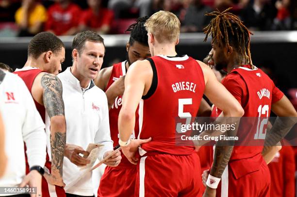 Head coach Fred Hoiberg of the Nebraska Cornhuskers talks to his players during a time out in the first half of the game against the Maryland...