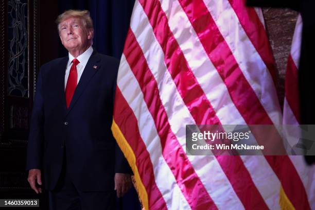 Former U.S. President Donald Trump arrives to deliver remarks at the South Carolina State House on January 28, 2023 in Columbia, South Carolina....