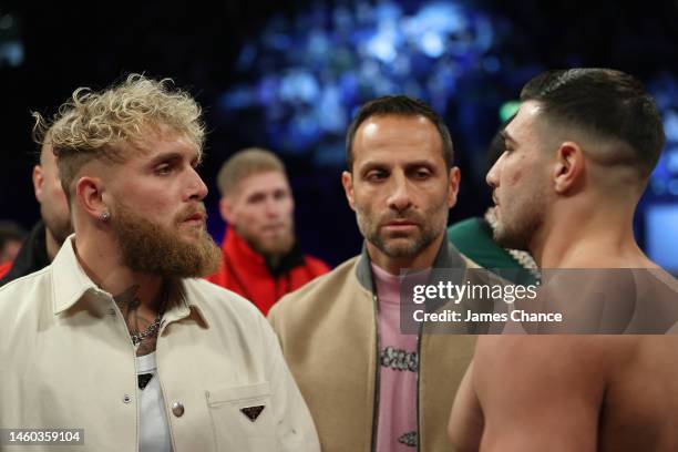 Jake Paul faces off with Tommy Fury, ahead of their upcoming fight on the 26th of February in Diriyah in Saudi Arabia, in the ring prior to the IBF,...