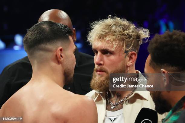 Jake Paul faces off with Tommy Fury, ahead of their upcoming fight on the 26th of February in Diriyah in Saudi Arabia, in the ring prior to the IBF,...