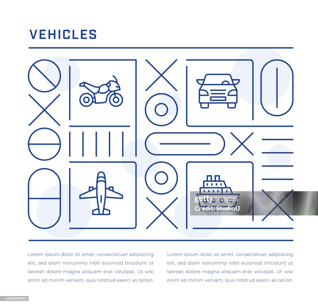 Vehicles Web Banner Design with Motorcycle, Car, Airplane, Ship Line Icons