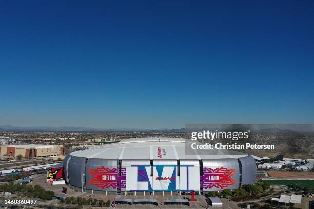 In an aerial view of State Farm Stadium on January 28, 2023 in Glendale, Arizona. State Farm Stadium will host the NFL Super Bowl LVII on February 12.