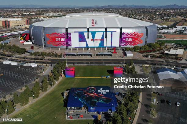 In an aerial view of State Farm Stadium on January 28, 2023 in Glendale, Arizona. State Farm Stadium will host the NFL Super Bowl LVII on February 12.