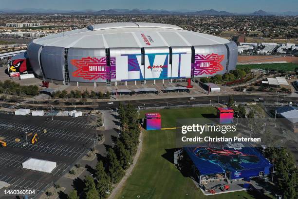 In an aerial view of State Farm Stadium on January 28, 2023 in Glendale, Arizona. State Farm Stadium will host the NFL Super Bowl LVII on February 12.