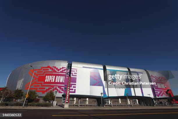 General view of State Farm Stadium on January 28, 2023 in Glendale, Arizona. State Farm Stadium will host the NFL Super Bowl LVII on February 12.